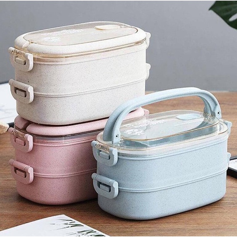 [FREESHIP❤️] HỘP CƠM LÚA MẠCH 2 TẦNG KÈM BỘ ĐŨA THÌA