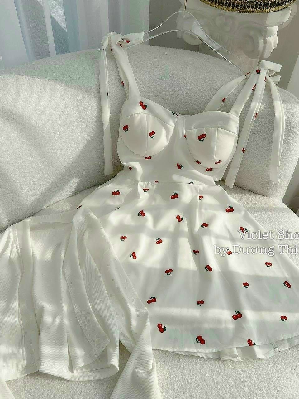 Đầm lụa 2 dayy cherry nữ phối khoác gân cực xịn