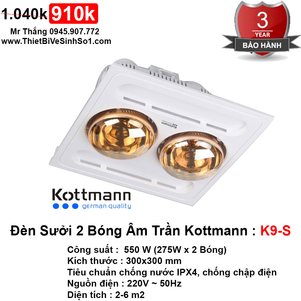Đèn sưởi nhà tắm âm trần Kottmann K9-S