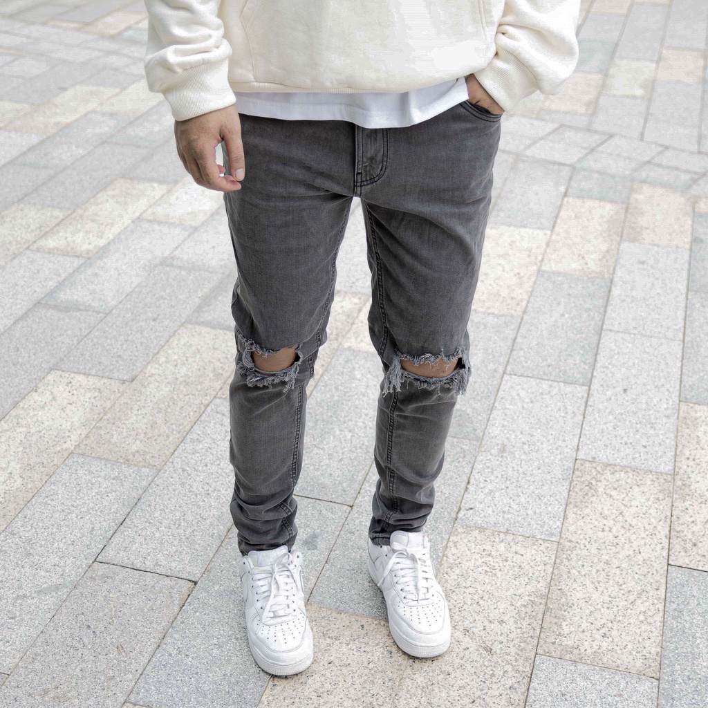 Quần jean nam streetwear cao cấp FNOS NZ22 màu xám rách gối form slimfit jean thun co giãn