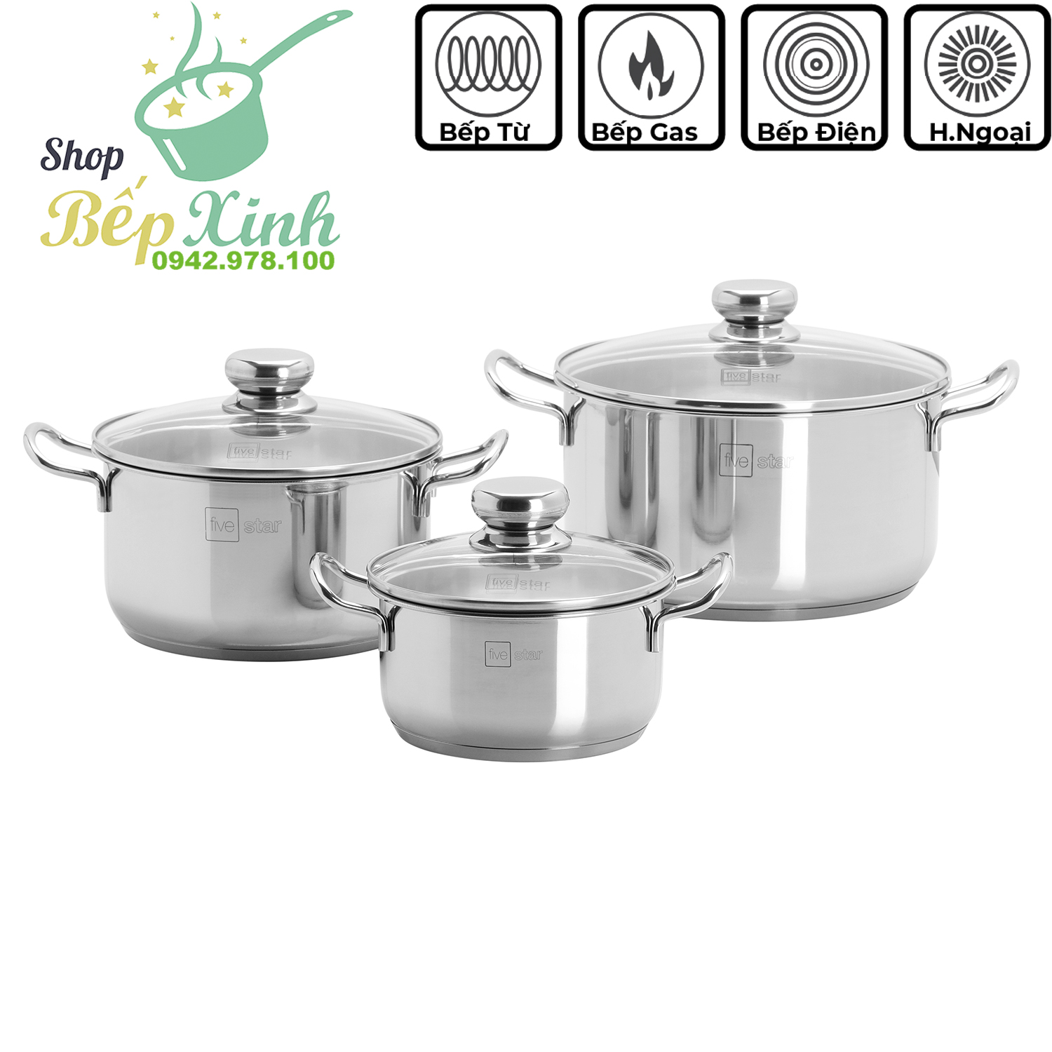 Bộ 3 nồi inox 430 Fivestar Standard thân thẳng , quai đũa , nắp kính ( 1 nồi 16cm x 1 nồi 20cm x 1 nồi 24cm) -Shop Bếp Xinh
