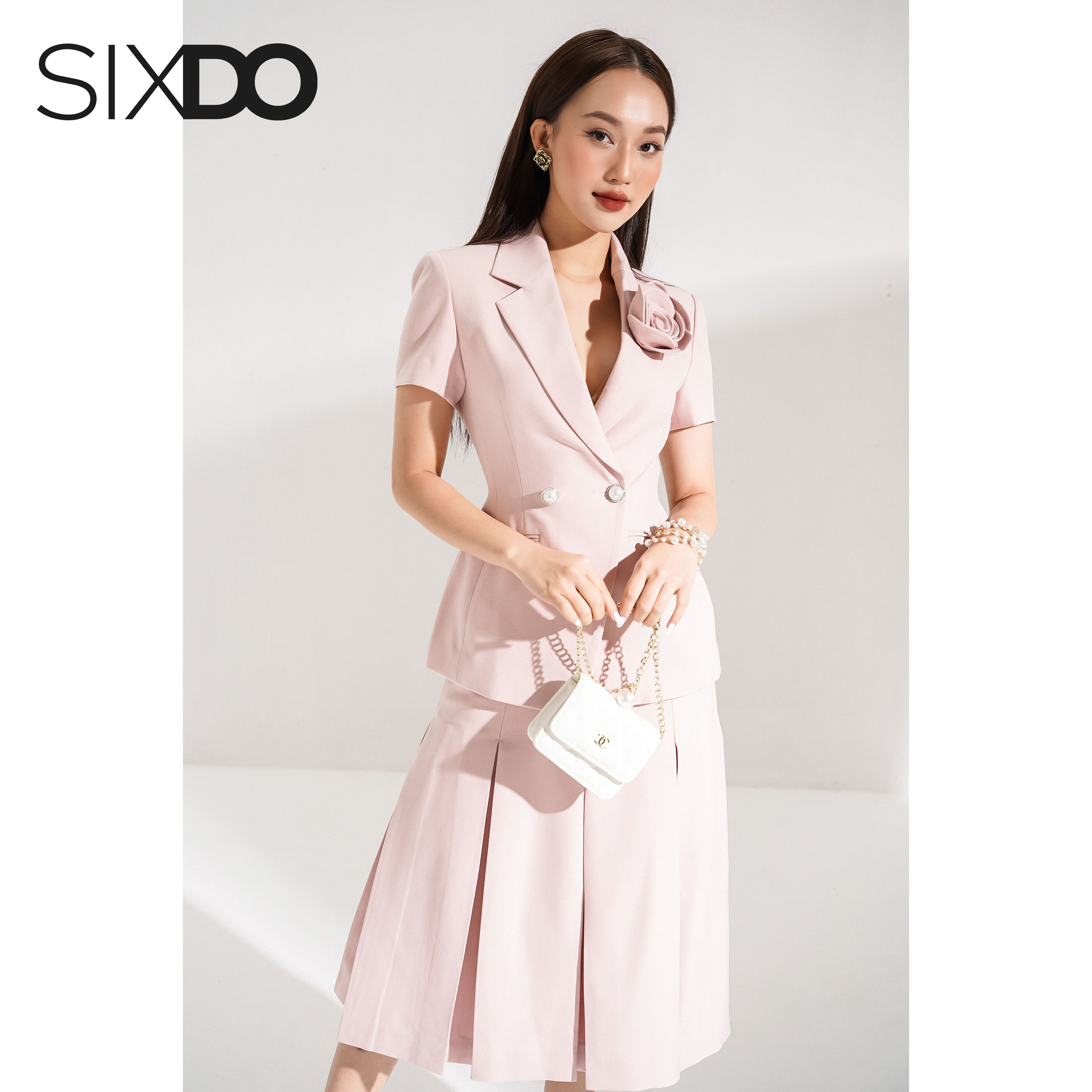 Chân váy tuýp xi hồng xếp ly SIXDO (Light Pink Knife Pleated Midi Skirt)