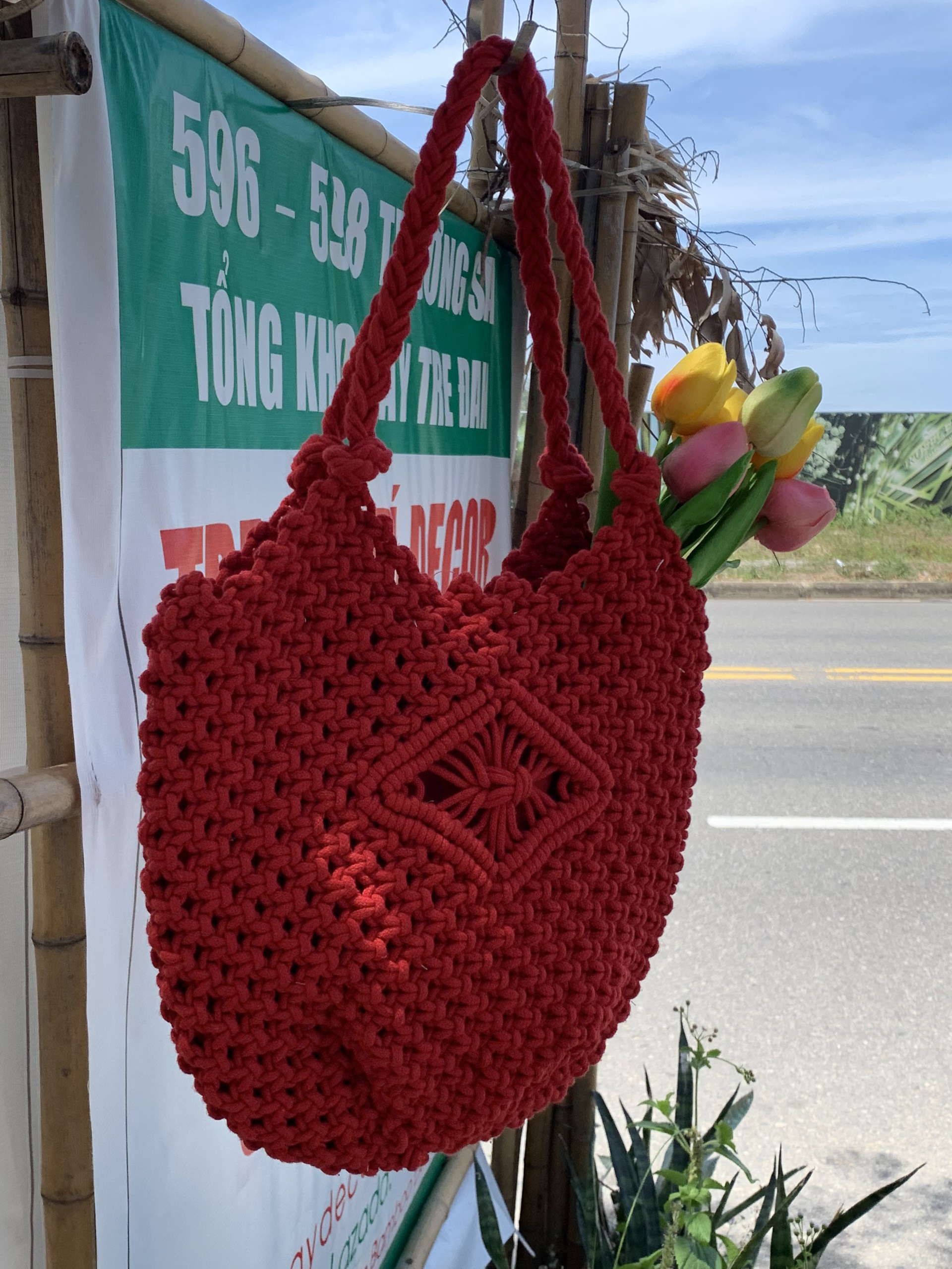 Túi Macrame đeo vai siêu xinh - Phong cách Boho, Vintage Đan Hoa Văn Tinh Tế Ngang: 32 cm * Rộng 32 cm, Dài quai: 23 cm