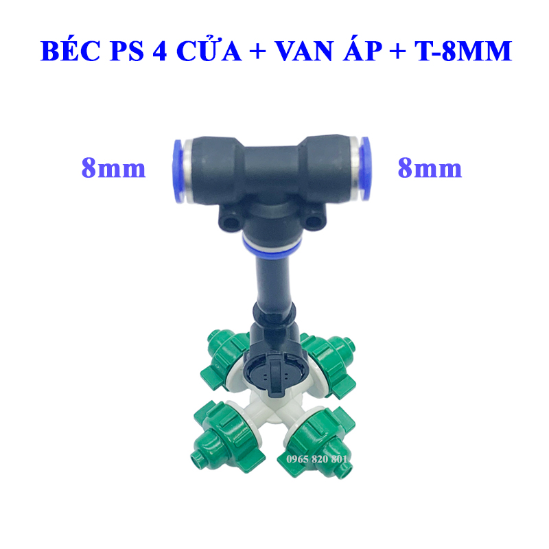 Béc phun sương 4 cửa có van áp kết nối ống 8,10,12mm