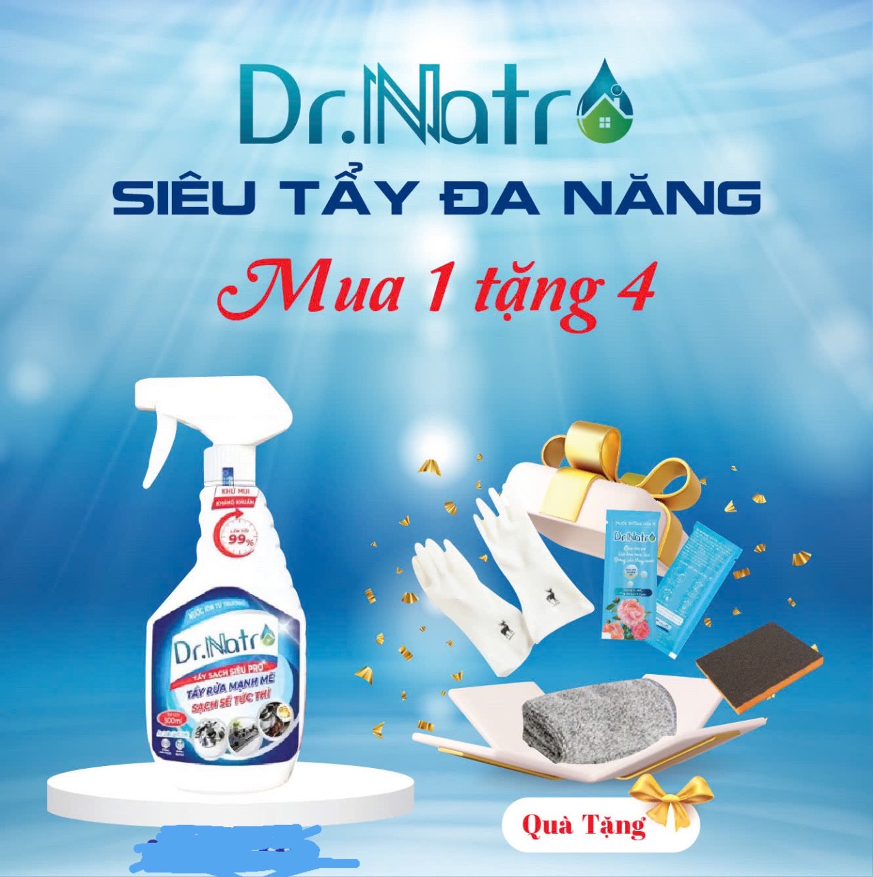 Chai nước tẩy rửa đa năng Dr.Natro 500ml Tẩy Sạch Mọi Vết Bẩn tặng kèm 1 miếng chà+1 bao tay+1 khăn lau