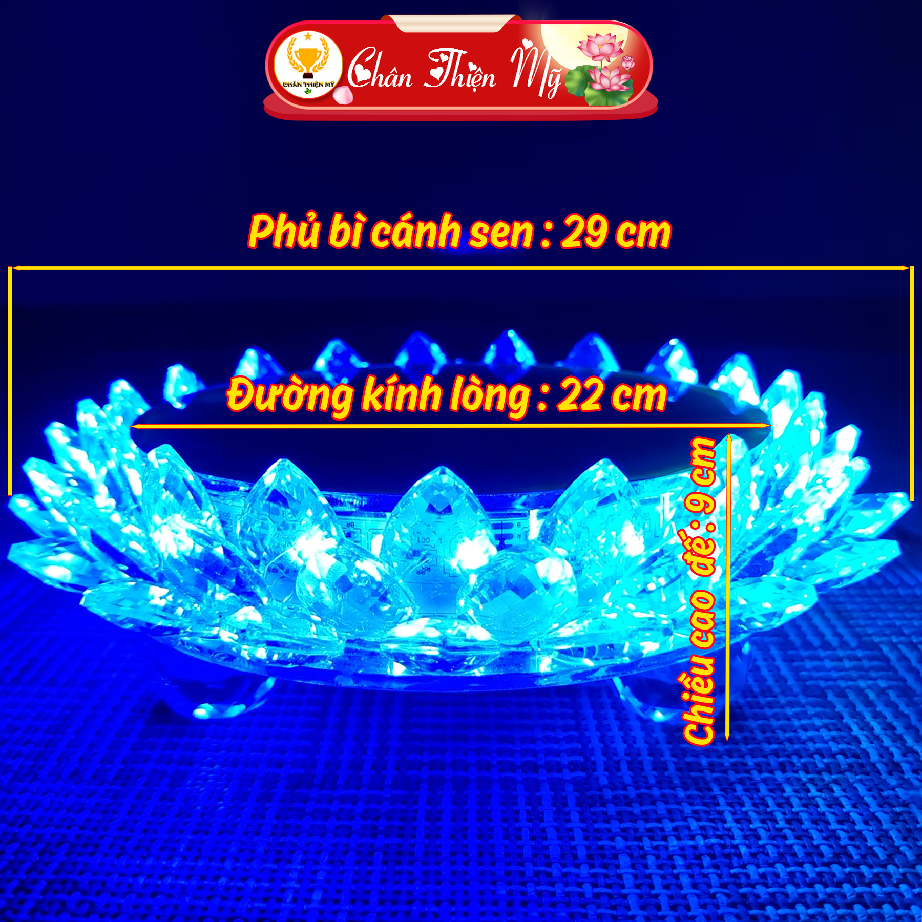 Đài sen pha lê tròn trang trí tượng quan âm cùng phật di lặc chân thiện mỹ, có đèn led đổi màu kèm điều khiển từ xa