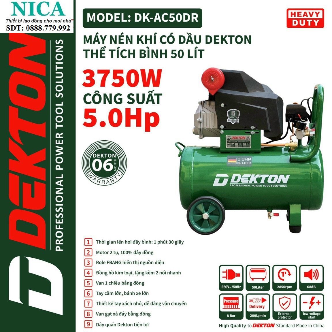 Máy nén khí có dầu dekton 50l 5.0hp dk-ac50dr