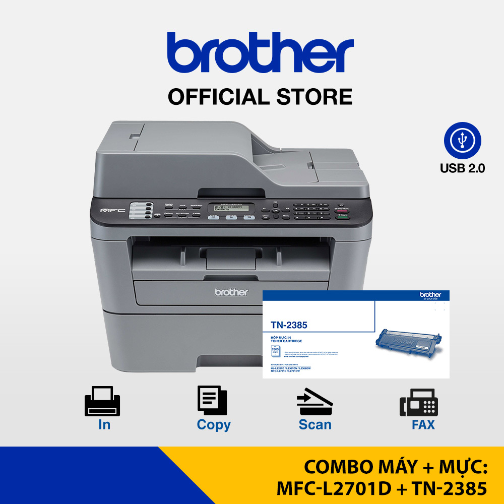 Combo Máy in laser đa năng (có Fax) Brother MFC-L2701D & Mực in laser trắng đen Brother TN-2385
