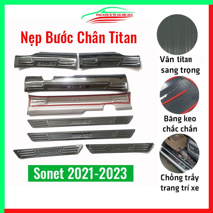 Bộ 8 nẹp bước chân trong ngoài ô tô Kia Sonet 2021 2022 2023 mạ titan, ốp bậc cửa lên xuống chống tr