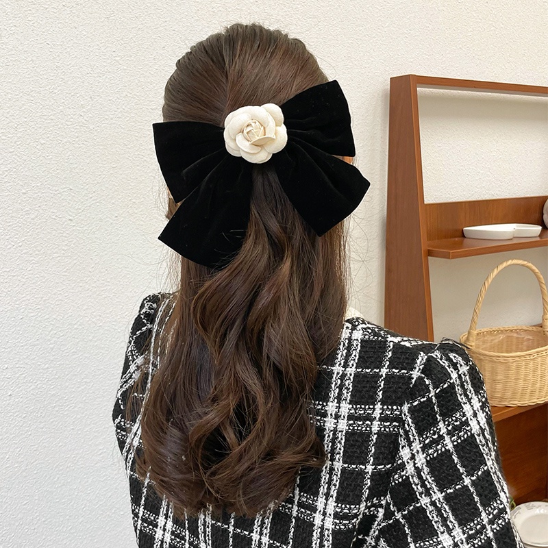 【PINK EMPRESS】Kẹp Tóc Nơ Vải Nhung Đen Đính Hoa Trà Lớn Phong Cách Vintage Thanh Lịch
