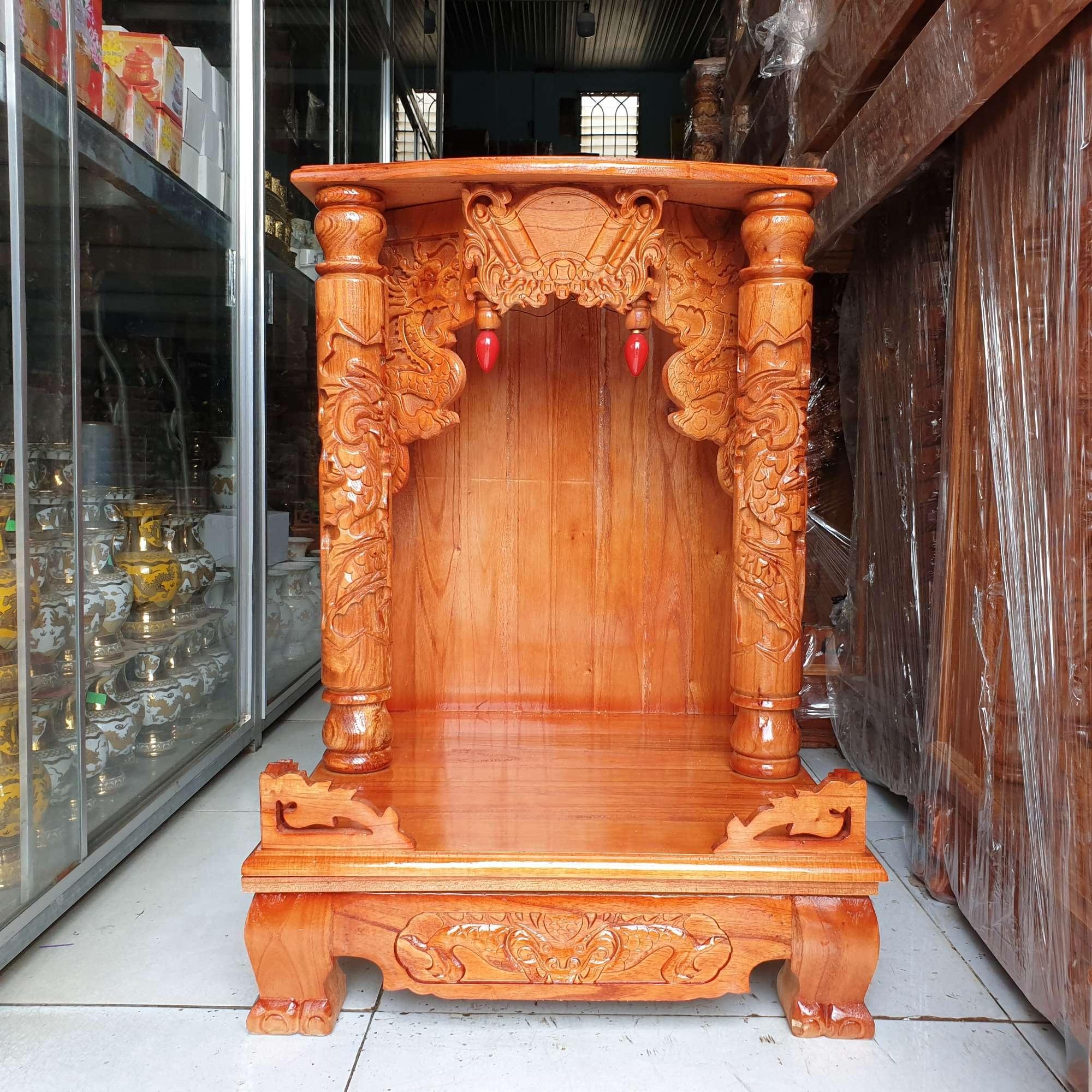 Bàn thờ thần tài ông địa gỗ xoan ngang 42cm quỳ trụ