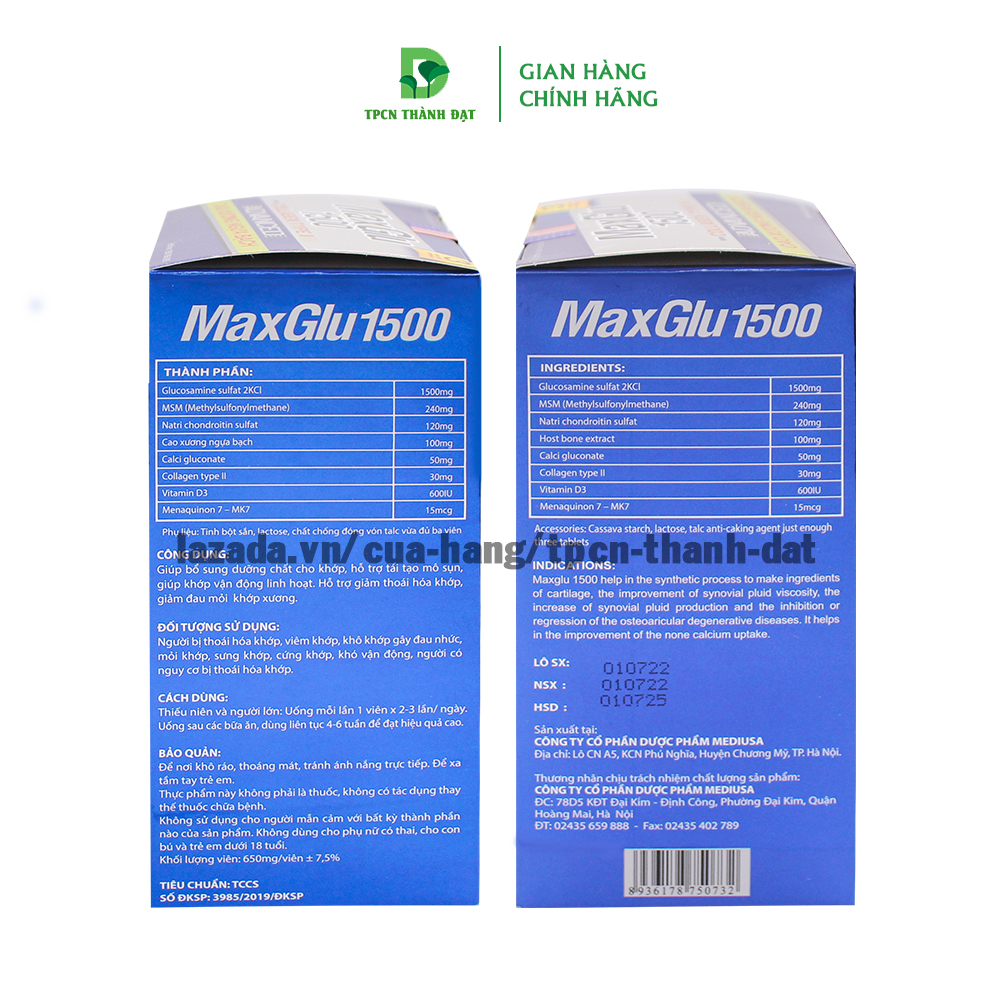 Viên uống MAXGLU 1500 bổ xung Glucosamine hỗ trợ xương khớp - Chai 60 viên