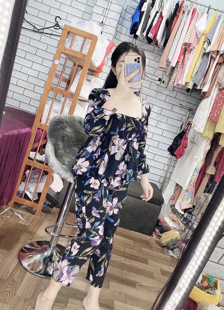 Sét bộ hoa nhúm ngực tay dài cao cấp-THH