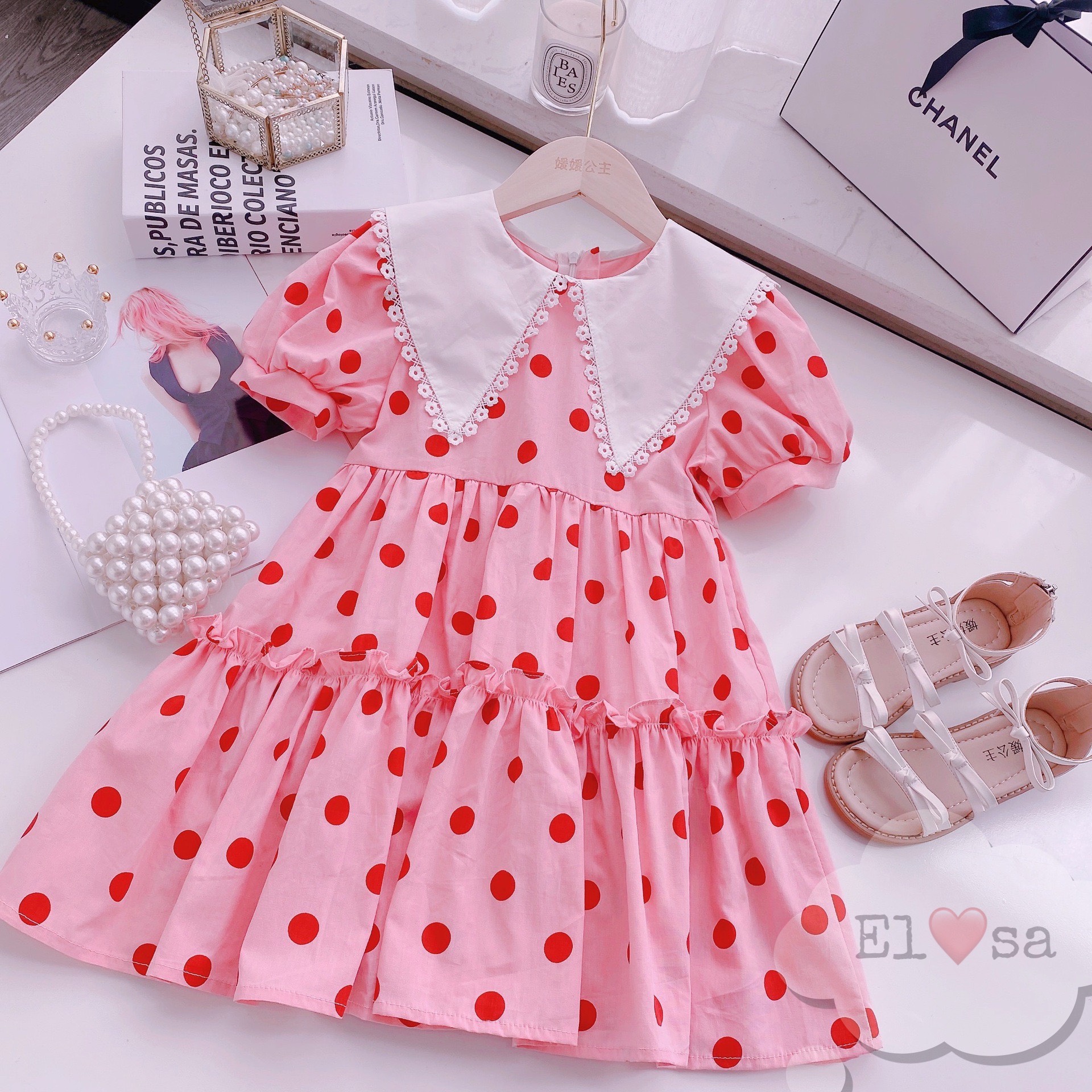 Váy bé gái - Váy chấm bi hồng cổ ren siêu xinh cho bé 1-5 Tuổi