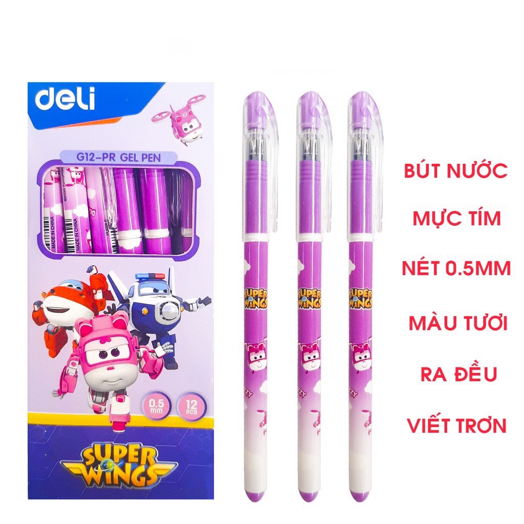 Hộp 12 bút gel deli super wings g12-pr nét 0.5mm màu tím - tặng 1 hồ khô double a
