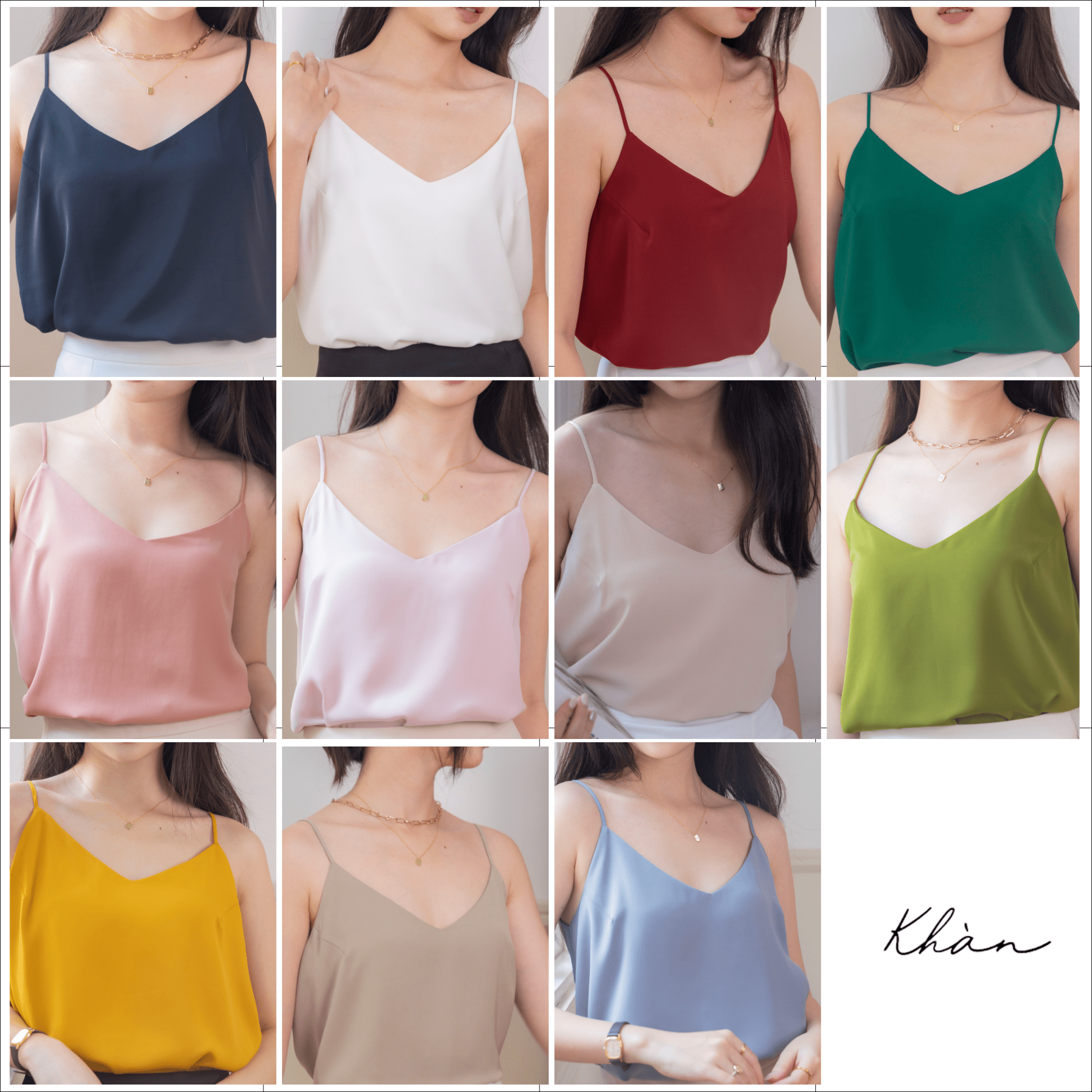 Áo hai dây lụa nữ KHÀN có lót cổ tim freesize cao cấp không nhăn