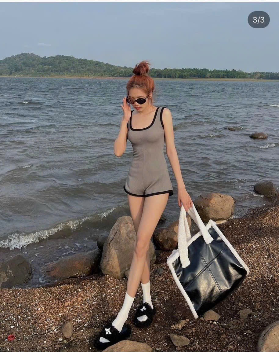 Jum đùi nữ ôm chất thun borip, jum body hai dây cổ vuông 3 màu đen, nâu, xám mặc đi biển