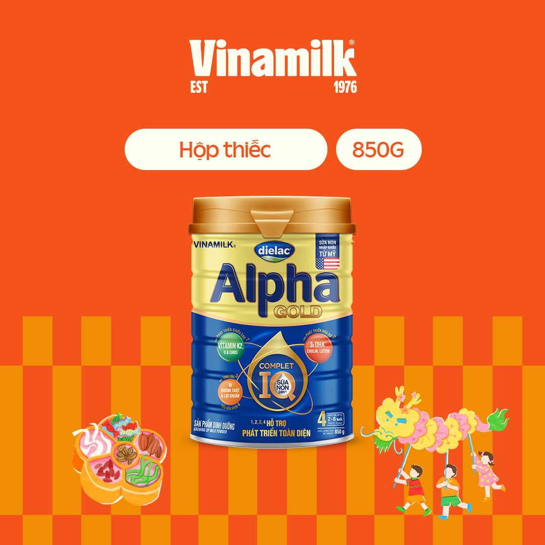 Sữa bột Vinamilk Dielac Alpha Gold 4 - Hộp thiếc 850g (cho trẻ từ 2- 6 tuổi) - Sữa công thức hỗ trợ phát triển trí não của bé, tăng cân, chiều cao