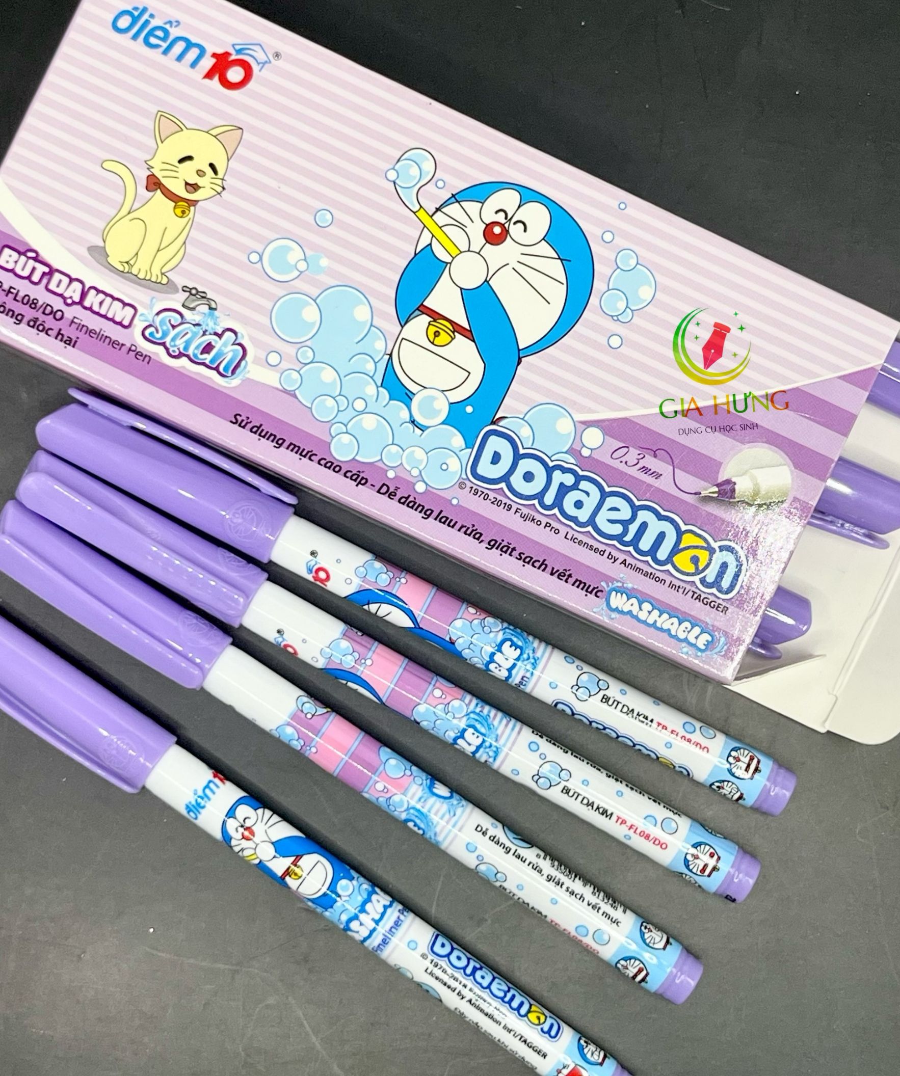 Hộp 10 cây bút dạ kim thiên long doraemon tp-fl08/do 0.3mm mực tím
