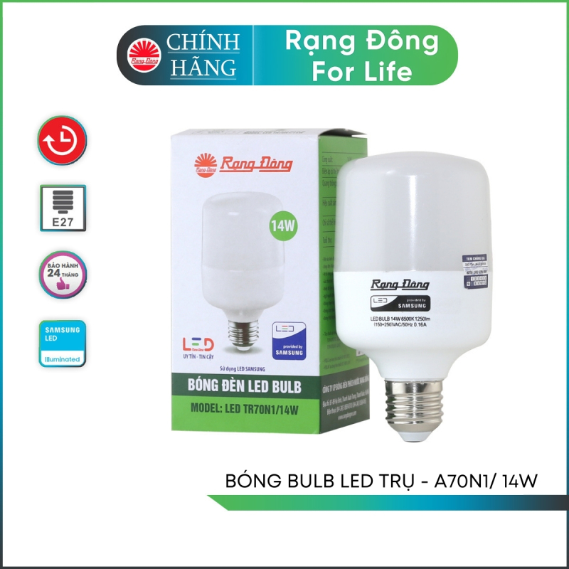 Bóng đèn LED Rạng Đông Bulb trụ TR70N1 – 14W chip led SS chất lượng ánh sáng cao chịu nhiệt tản nhiệt nhanh