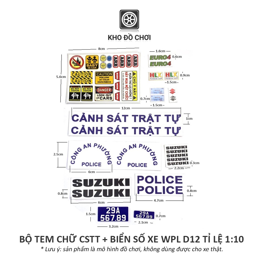 Bộ tem chữ CSTT, CSGT & biển số dán xe WPL D12 tỉ lệ 1:16, 1:10