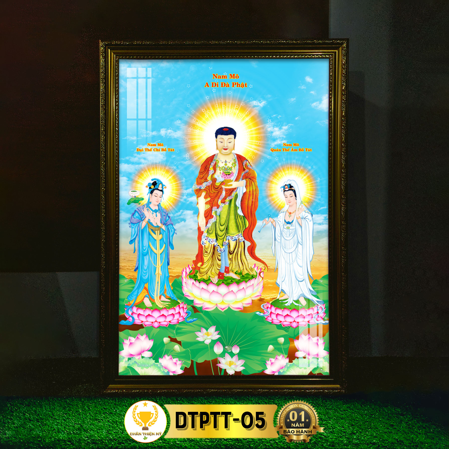 Tranh tây phương tam thánh có đèn chân thiện mỹ, treo tường trang trí bàn thờ phật, treo phòng thờ dtptt-05