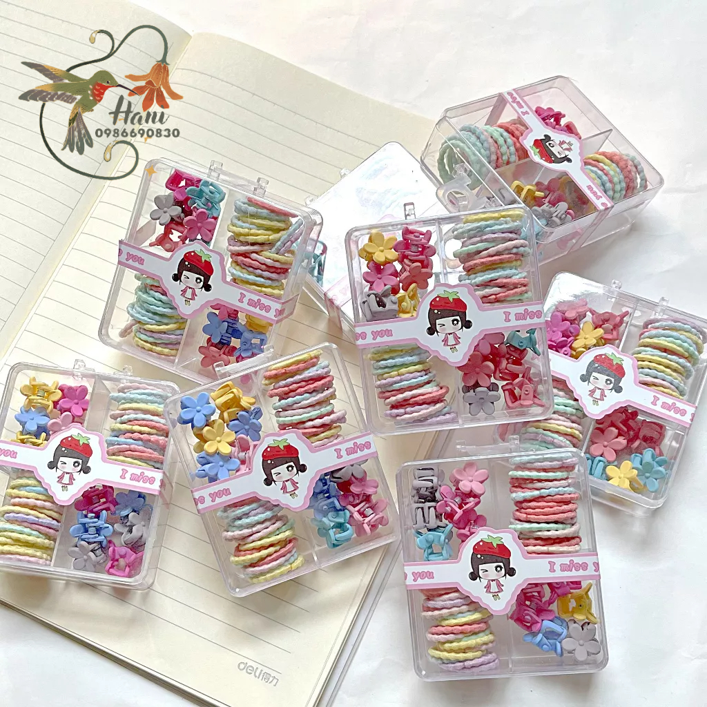 Set Hộp 40 Dây Cột và 12 Kẹp Tóc Cho Bé