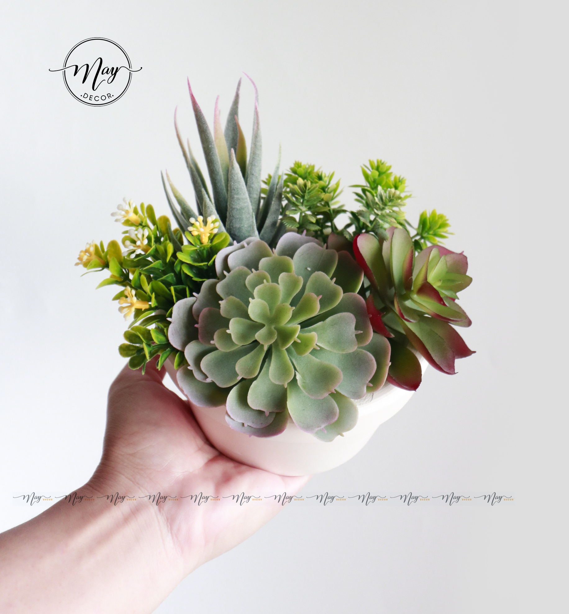 Chậu cây giả decor, Sen đá giả, Chậu Sen Mix trang trí