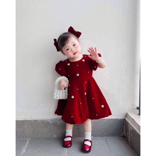 Váy nhung cho bé gái tay bồng_ Haki HK496 (Xanh than) giá sỉ, giá bán buôn  - Thị Trường Sỉ