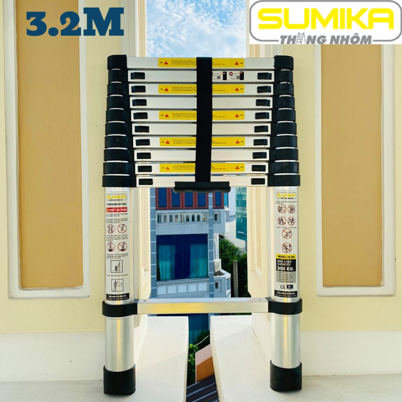 Thang nhôm rút xếp đơn cao cấp 3,2m Sumika SK320 - Chất liệu nhôm, 11 bậc, tải trọng 300kg, bảo hành 2 năm