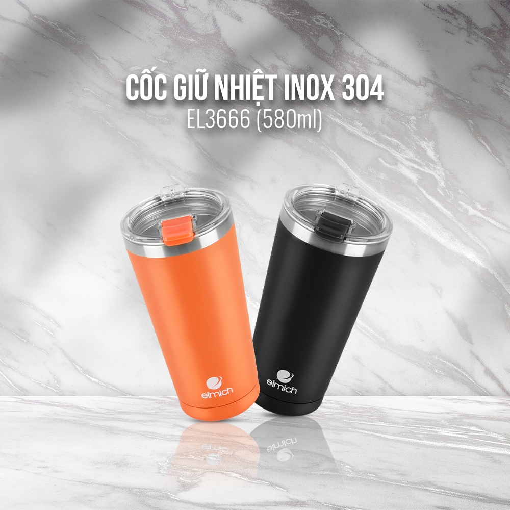 CỐC GIỮ NHIỆT ELMICH INOX 304 2243666 (Dung tích 580ml, Màu: Cam/Đen, Giữ nóng 8 tiếng lạnh 12 tiếng)