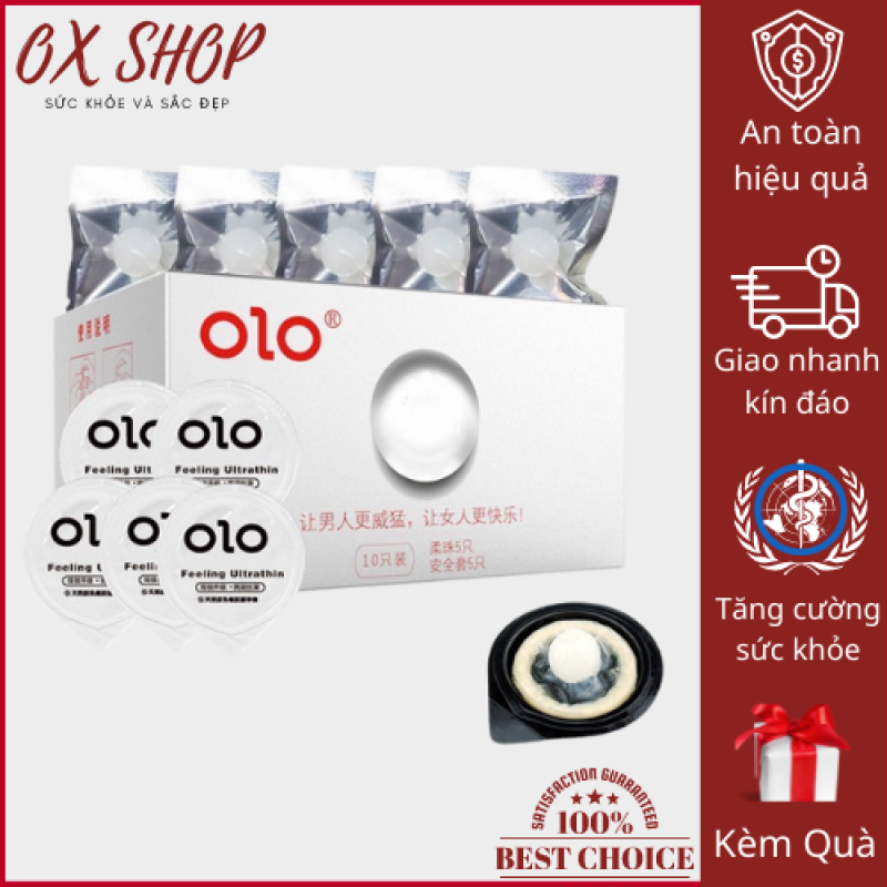 Bao cao su OLO 0.01 trắng siêu mỏng, nhiều gel bôi trơn, bi tăng kích thước 1.5cm - Hộp 05 bao + 05 bi silicon