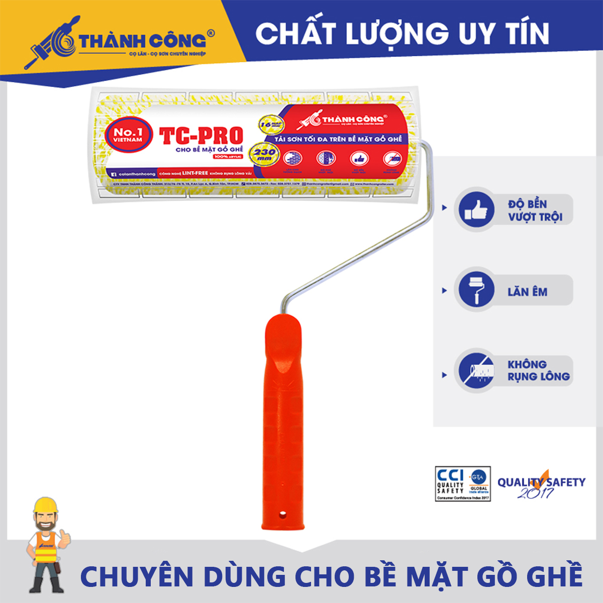 Cọ lăn sơn Thành Công TC-PRO con lăn sơn đa năng dùng cho mọi bề mặt, gồ ghề, sơn mịn, sơn bóng, sơn tường, ít hao sơn, thấm hút tốt, không rụng lông