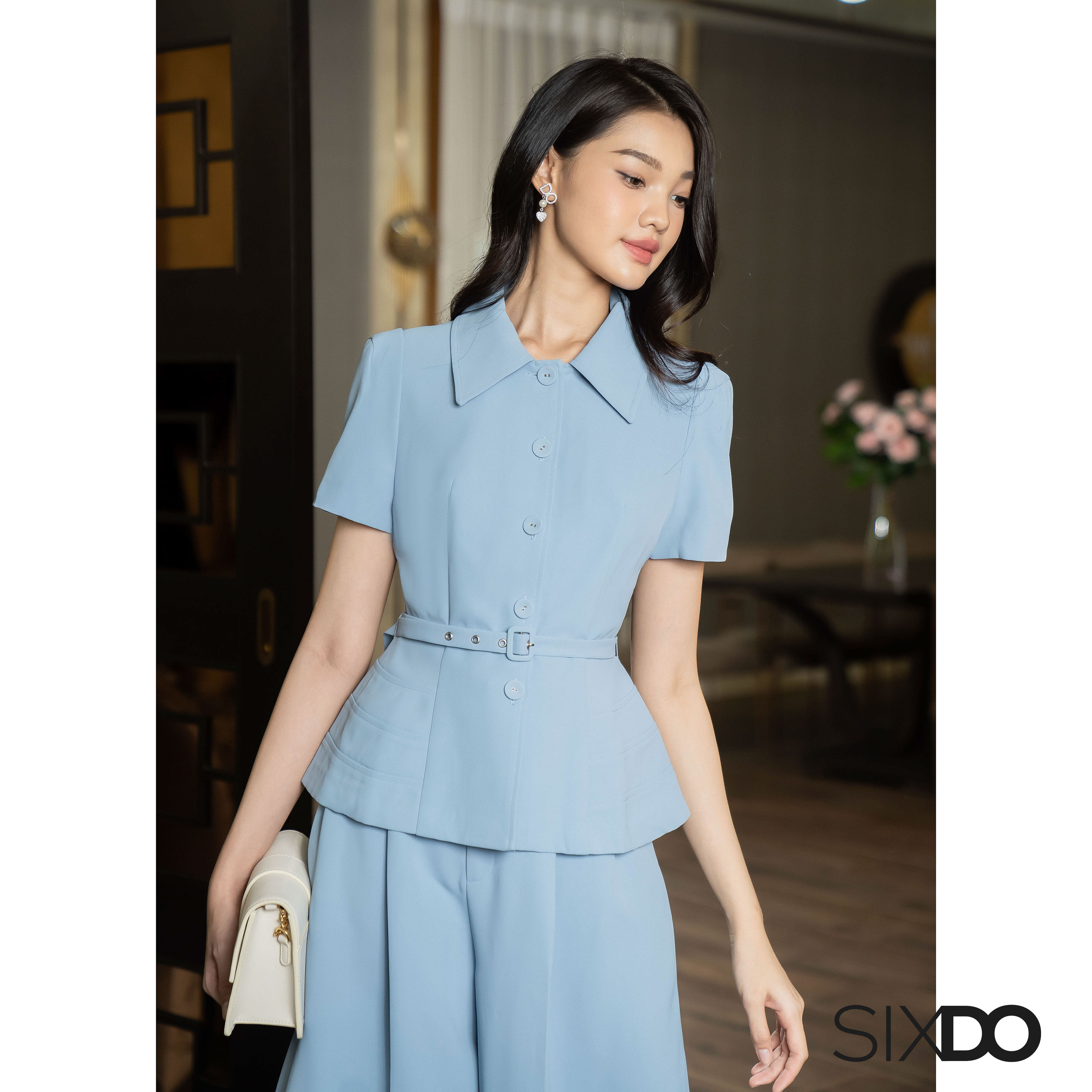 Áo nữ xanh phối đai sixdo