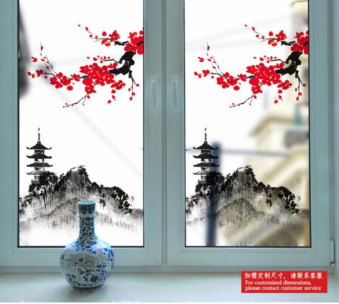 [HCM]Decal Dán Kính Cao Cấp - Tháp Núi và Cành đào đỏ( 60 X116 )-DK1057
