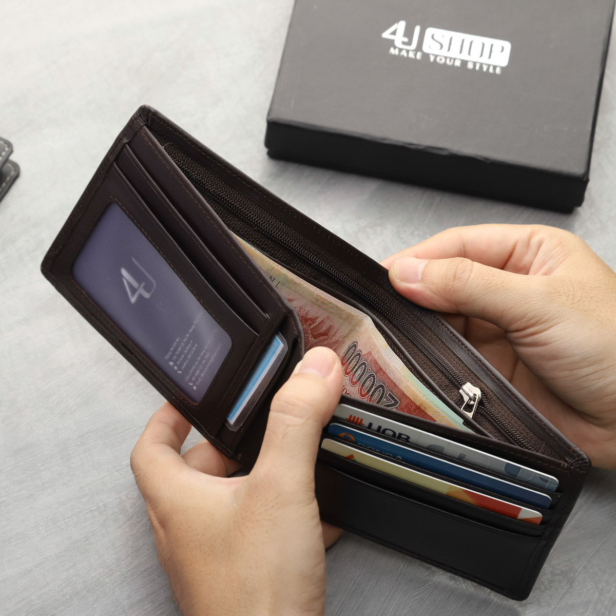 Bóp ví nam da bò thật 4U cao cấp dáng ngang dập vân, có nhiều ngăn đựng tiền và thẻ tiện dụng FA220