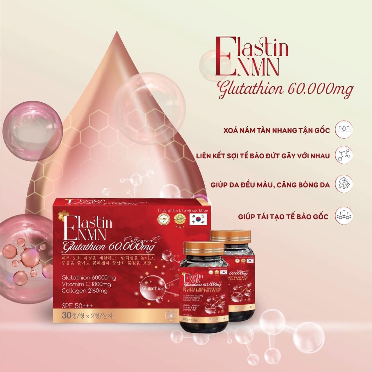 Viên Uống Elastin NMN Glutathione 60.000mg (Hộp 2 Lọ 60 Viên)
