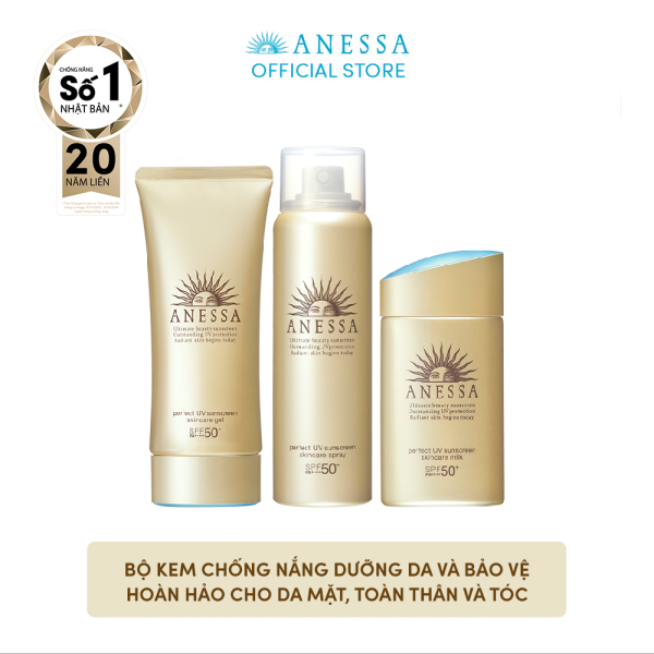 Bộ kem chống nắng Anessa dưỡng da và bảo vệ hoàn hảo cho da mặt, toàn thân và tóc ( ANESSA PUV Skincare Gel 90g SPF 50+ PA++++, Spray SPF 50+ PA++++, Gold Milk SPF 50 PA+