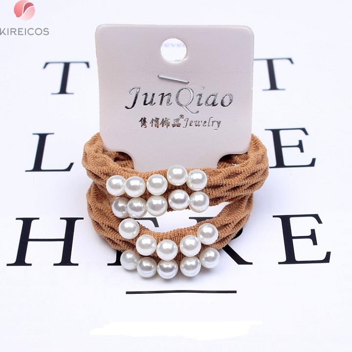Set 2 Dây Cột Tóc Xoăn Chi Tiết Đan Cườm Màu Đen