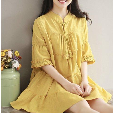 [HCM]Đầm babydoll vàng dây chuông