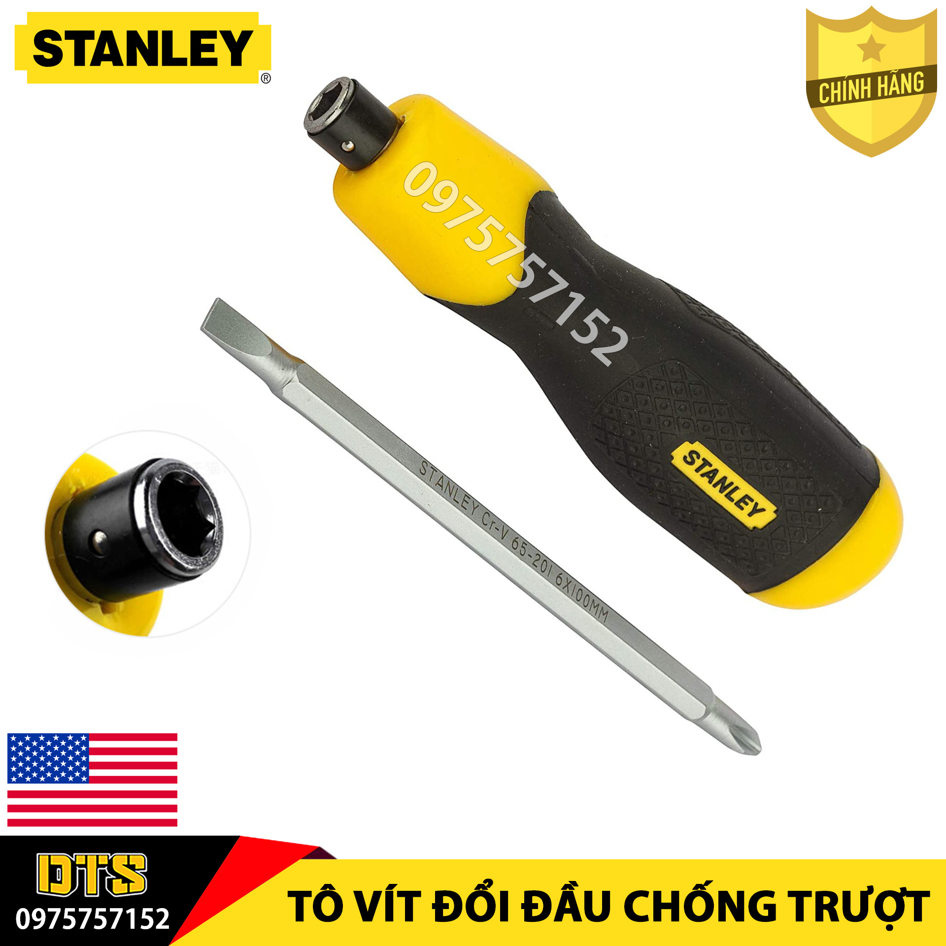 Tô vít 2 trong 1 đảo đầu có nam châm vĩnh cửu STANLEY Mỹ 6x100mm, tua vít 2 đầu cao cấp thép Cr-V siêu cứng tay cầm chống trượt, chống va đập, thiết kế chống lăn, tua vít 2 đầu, tô vít đảo đầu