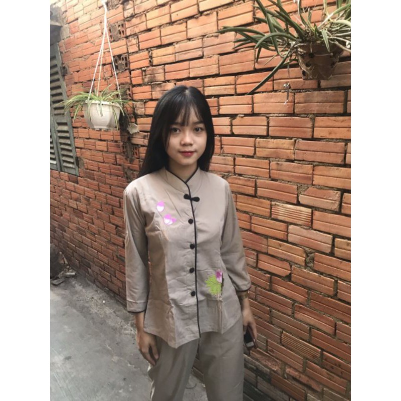 Đồ lam đi chùa  nữ  viền nơ