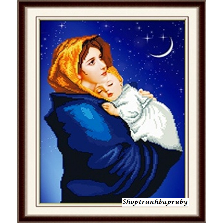 [HCM]Tranh thêu chữ thập Đức Mẹ Maria Bồng Con LV3140  kích thước nhỏ 40 x 52cm
