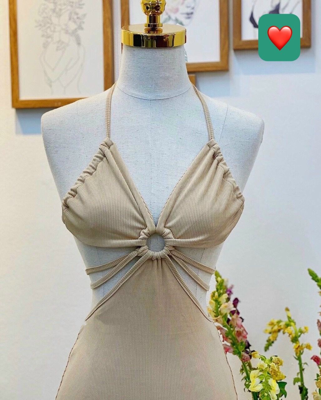 Đầm yếm khoen ngực phối 2 dây buộc eo khoét hở eo thun gân đẹp sexy