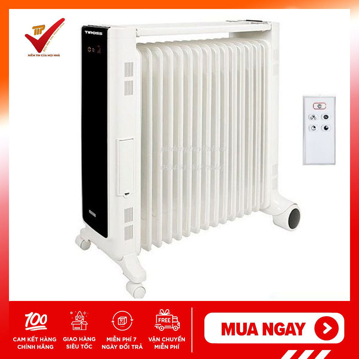 Máy sưởi dầu 13 thanh Tiross TS9213 - Có Điều khiển + Hẹn giờ + Giá phơi