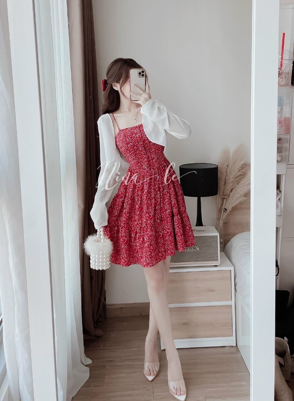 Váy đầm nữ họa tiết hoa Kèm áo khoác