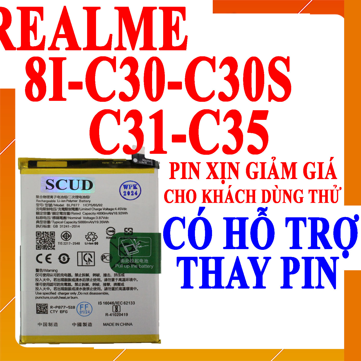 Pin scud cho realme 8i/c30/c30s/c31/c35 blp877 5000mah