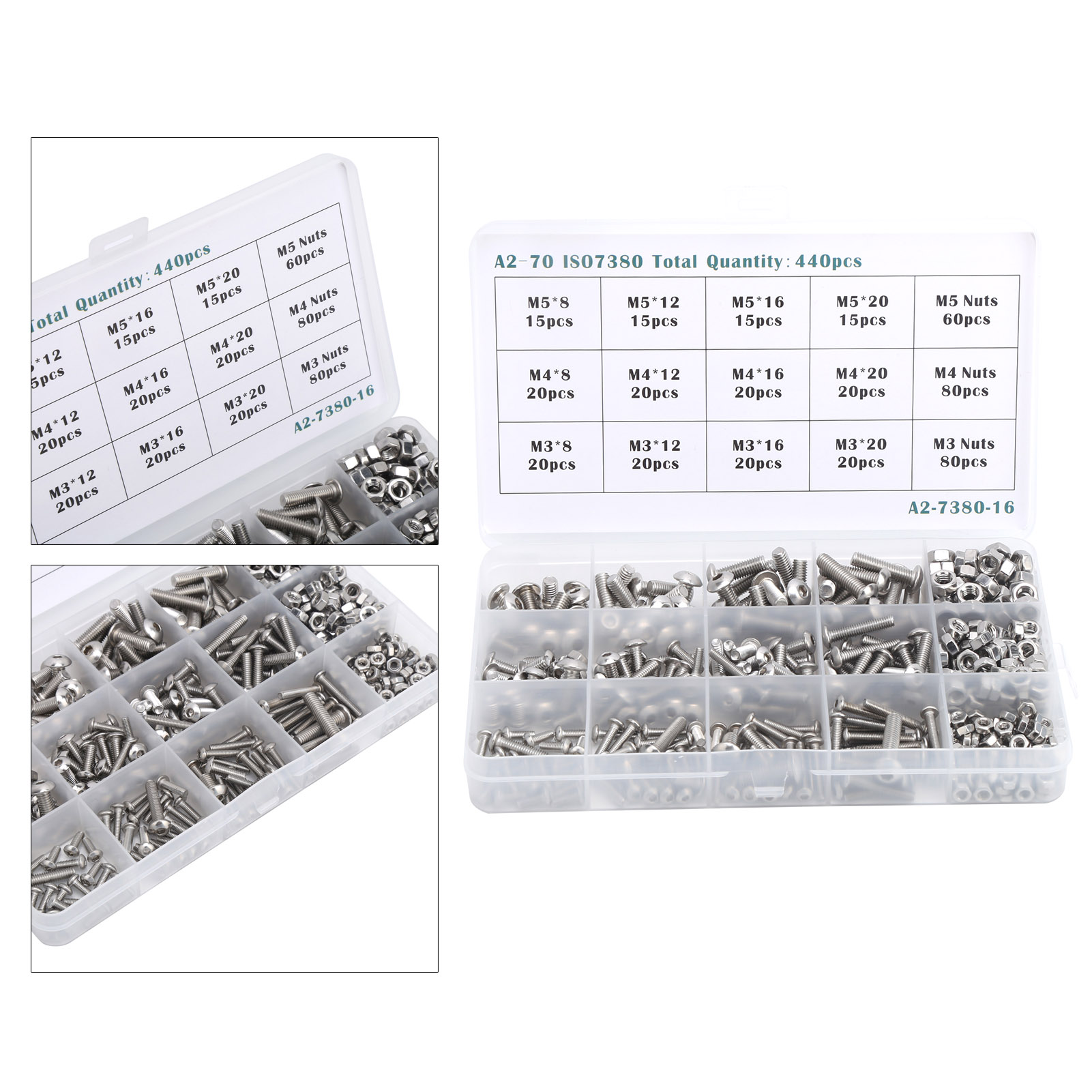 440PCS M3/M4/M5 Hex Socket Screw with Nut Assortment Set Stainless Steel Fastener Hardware