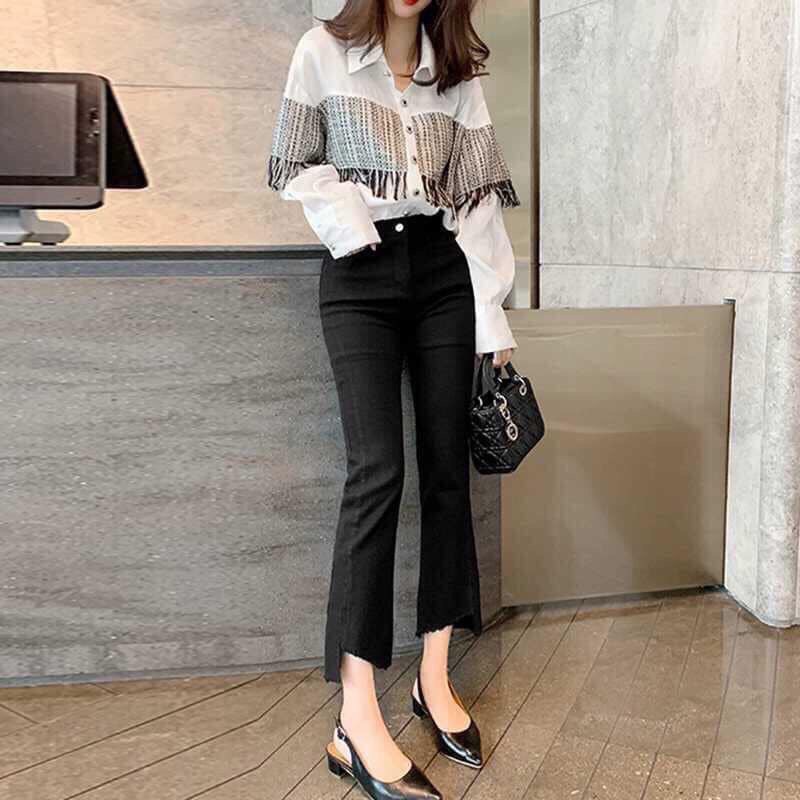 Quần bò ống loe nữ cạp cao lưng cao F4U gấu vạt lệch vải bò giấy co giãn Q58