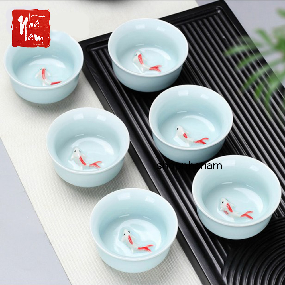 Chén gốm sứ cá chép 3d men ngọc